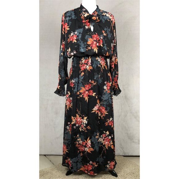 BISHOP + YOUNG Maxi Dress Sz M Floral Chiffon Smocked Waist Cuffs Lined Tie Neck - Picture 1 of 16